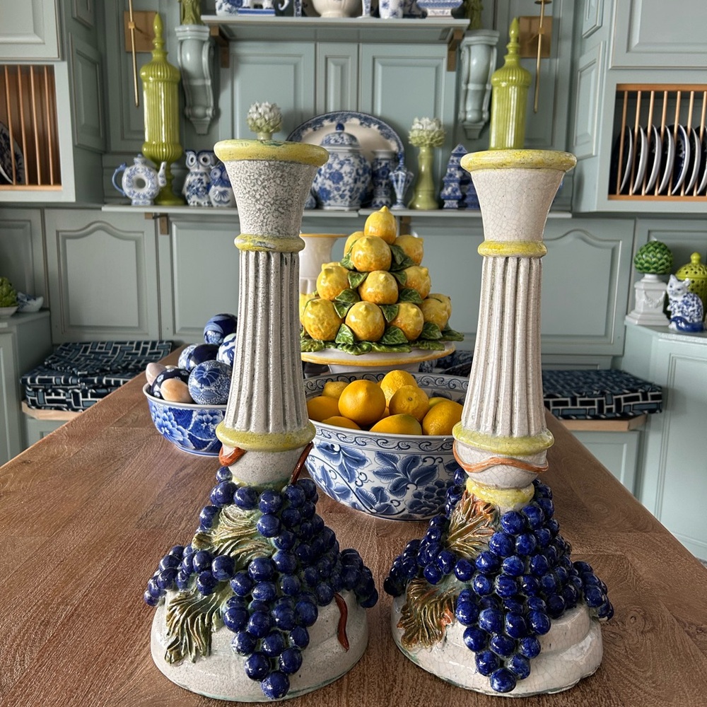 Elegant Ceramic Candle Holders with Grapes